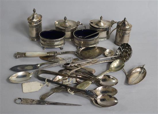 A silver six-piece condiment set, a George III silver leaf caddy spoon and other items.